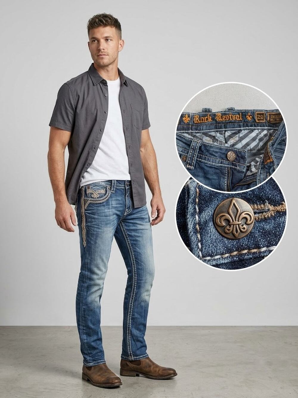 Rock Revival Harvid Slim Boot Jeans Men 29 Thick Stitch Embroidered Pocket Blue